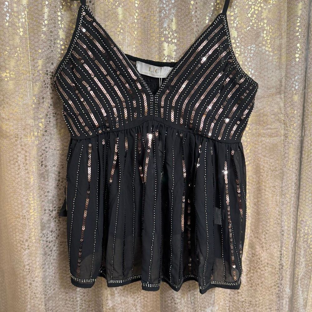 LC Collection Black Beaded Sequin Sheer Chiffon Cami Tank Top Med NWT